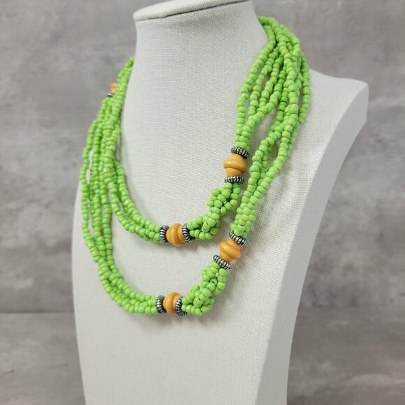 Green Multi Strand Beaded Necklace Layered Statement Wood Accent 16 Inch Jewelry - Picture 4 of 7